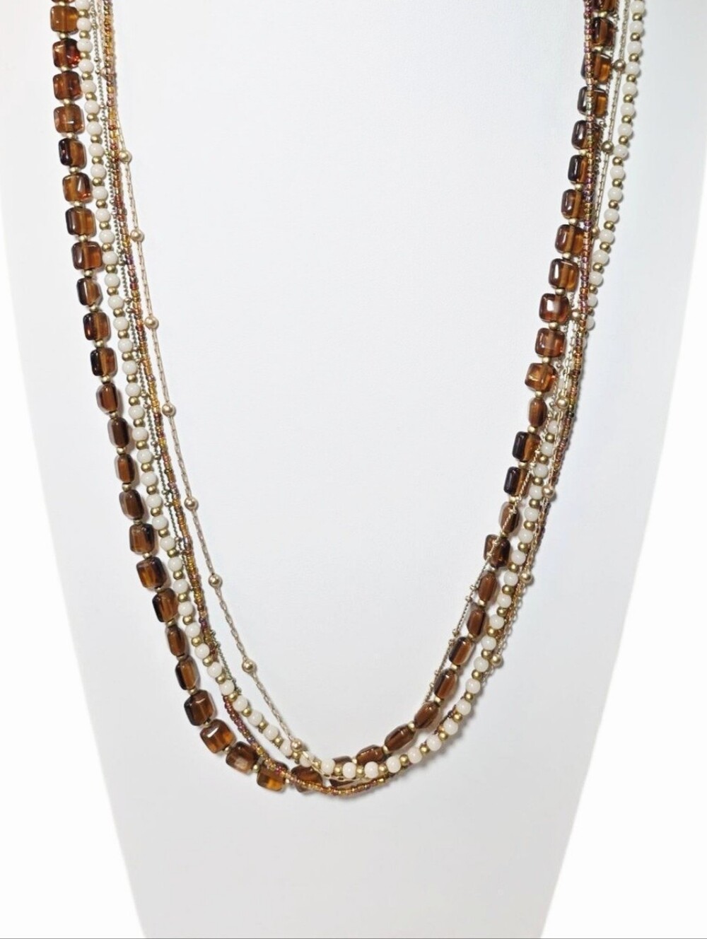 Premier Designs Multi-Strand Brown, White and Gold Beaded Long Necklace